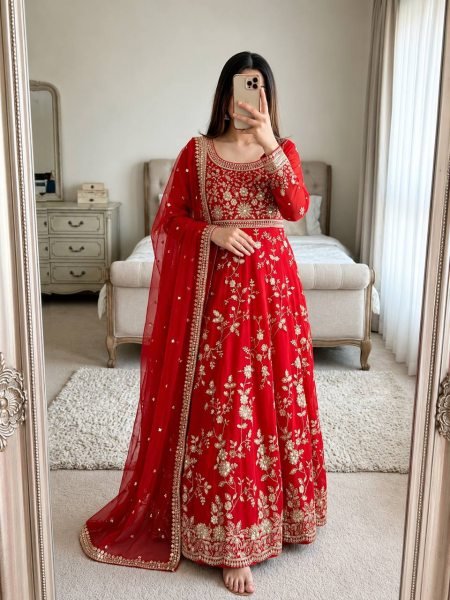 Exquisite Red Georgette Gown Set with Full Sleeves Using Sequence and Moti Work For Wedding Wear Ready To Wear Collection