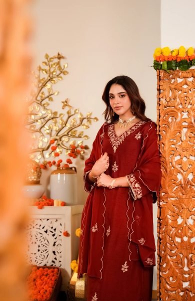 Exquisite Red Trendy Embroidered Kurti Set with Organza Dupatta Embroidery Kurtis 