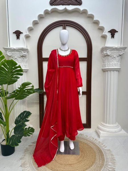 Exquisite Red Wedding Wear Fendy Silk Anarkali Suit with Four-Side Lace Dupatta Ready To Wear Collection