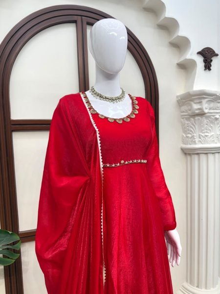 Exquisite Red Wedding Wear Fendy Silk Anarkali Suit with Four-Side Lace Dupatta Ready To Wear Collection