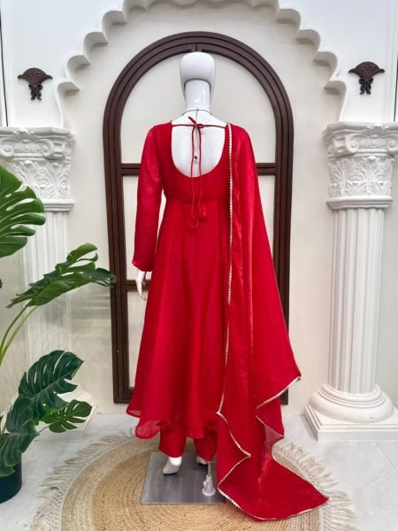 Exquisite Red Wedding Wear Fendy Silk Anarkali Suit with Four-Side Lace Dupatta Ready To Wear Collection