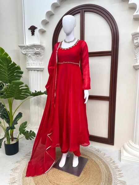 Exquisite Red Wedding Wear Fendy Silk Anarkali Suit with Four-Side Lace Dupatta Ready To Wear Collection