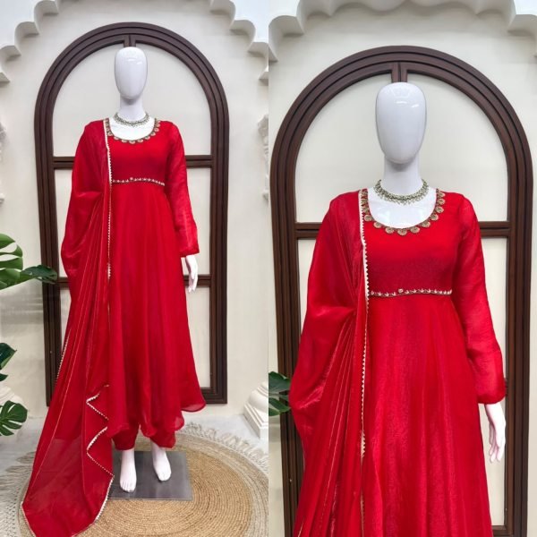 Exquisite Red Wedding Wear Fendy Silk Anarkali Suit with Four-Side Lace Dupatta Ready To Wear Collection