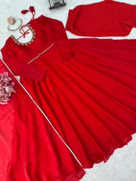 Exquisite Red Wedding Wear Fendy Silk Anarkali Suit with Four-Side Lace Dupatta Ready To Wear Collection