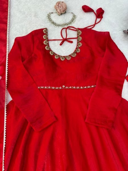 Exquisite Red Wedding Wear Fendy Silk Anarkali Suit with Four-Side Lace Dupatta Ready To Wear Collection