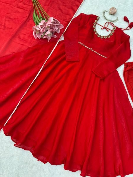Exquisite Red Wedding Wear Fendy Silk Anarkali Suit with Four-Side Lace Dupatta Ready To Wear Collection
