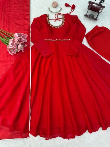 Exquisite Red Wedding Wear Fendy Silk Anarkali Suit with Four-Side Lace Dupatta Ready To Wear Collection