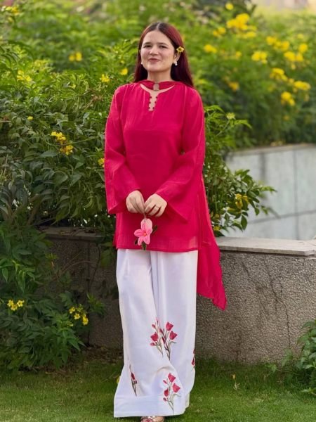 Exquisite Red White Mal Chanderi Cotton Top with Roman Cotton Plazo Pant at Wholesale Rate Ready To Wear Suit