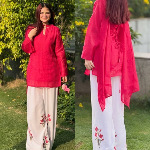 Exquisite Red White Mal Chanderi Cotton Top with Roman Cotton Plazo Pant at Wholesale Rate Ready To Wear Collection