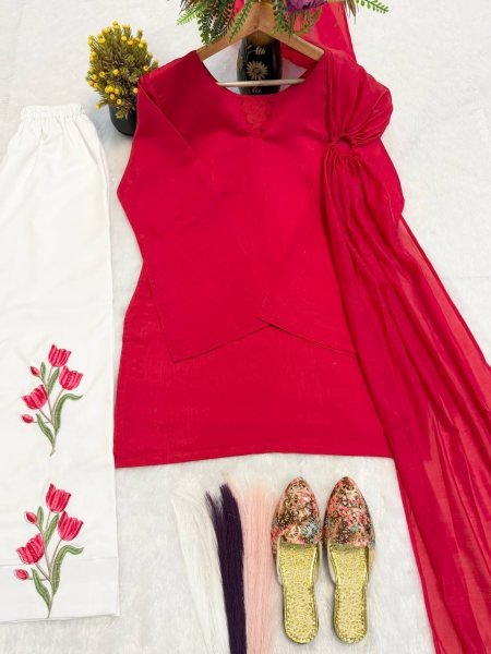 Exquisite Red White Mal Chanderi Cotton Top with Roman Cotton Plazo Pant at Wholesale Rate Ready To Wear Collection