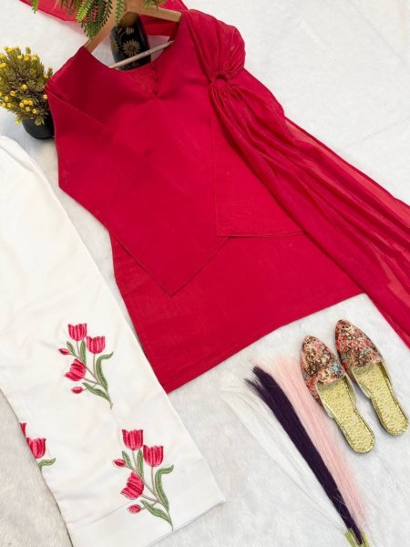 Exquisite Red White Mal Chanderi Cotton Top with Roman Cotton Plazo Pant at Wholesale Rate Ready To Wear Collection