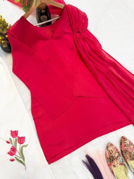 Exquisite Red White Mal Chanderi Cotton Top with Roman Cotton Plazo Pant at Wholesale Rate Ready To Wear Collection