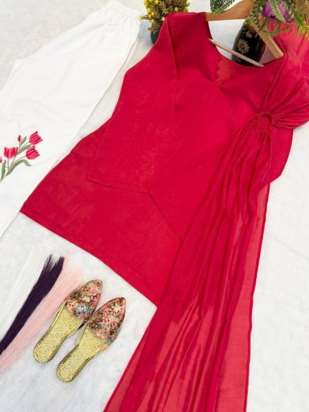 Exquisite Red White Mal Chanderi Cotton Top with Roman Cotton Plazo Pant at Wholesale Rate Ready To Wear Collection