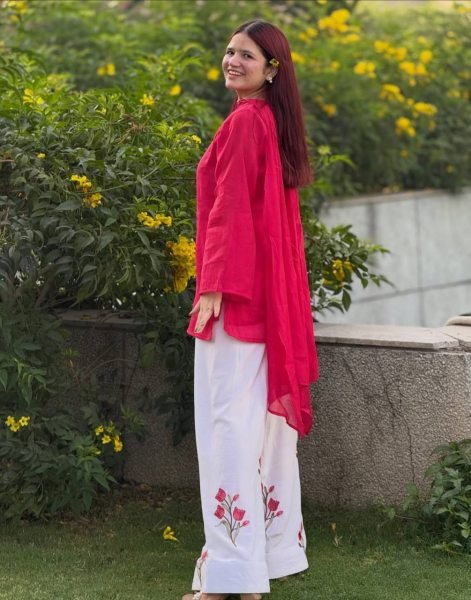 Exquisite Red White Mal Chanderi Cotton Top with Roman Cotton Plazo Pant at Wholesale Rate Ready To Wear Collection