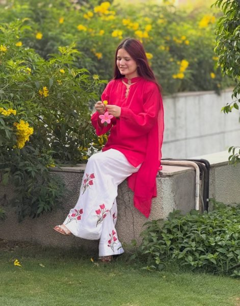 Exquisite Red White Mal Chanderi Cotton Top with Roman Cotton Plazo Pant at Wholesale Rate Ready To Wear Collection