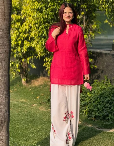Exquisite Red White Mal Chanderi Cotton Top with Roman Cotton Plazo Pant at Wholesale Rate Ready To Wear Collection