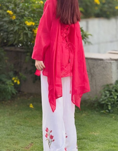 Exquisite Red White Mal Chanderi Cotton Top with Roman Cotton Plazo Pant at Wholesale Rate Ready To Wear Collection