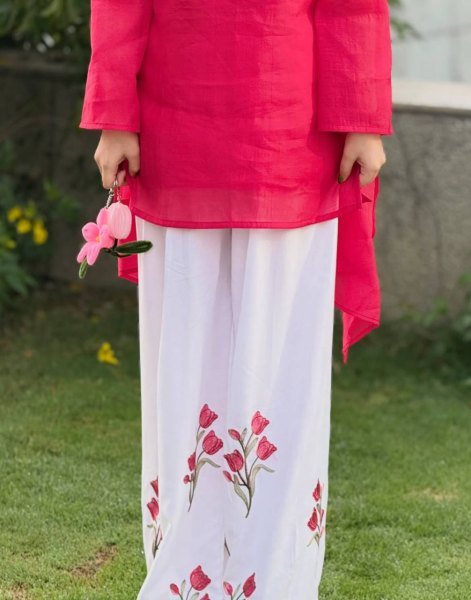 Exquisite Red White Mal Chanderi Cotton Top with Roman Cotton Plazo Pant at Wholesale Rate Ready To Wear Collection