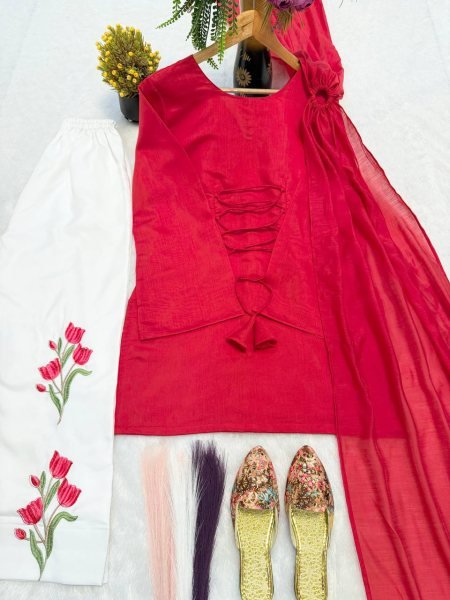 Exquisite Red White Mal Chanderi Cotton Top with Roman Cotton Plazo Pant at Wholesale Rate Ready To Wear Collection