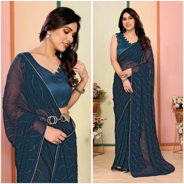 Exquisite Teal Blue Georgette Saree With Sequin Work And Matching Blouse.  Designer Wedding Sarees Wholesale