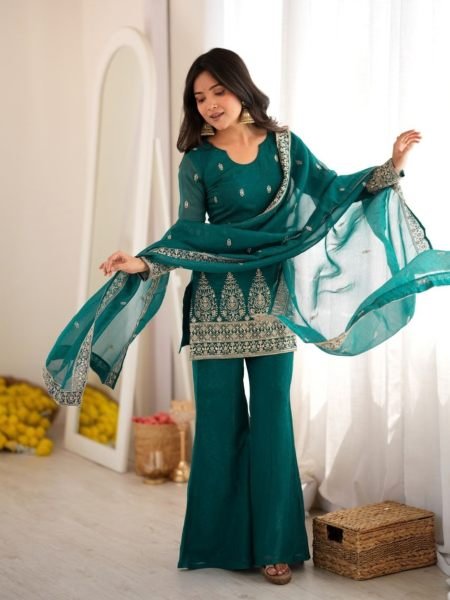 Exquisite Teal Green Fully Stitched Crunchy Silk Kurta Pant Dupatta Set for Women 