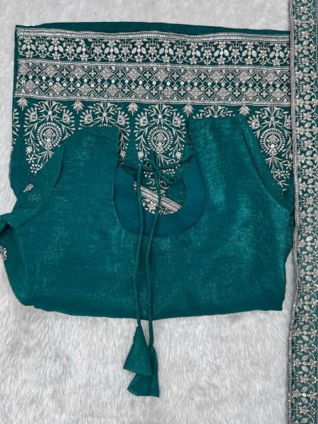 Exquisite Teal Green Fully Stitched Crunchy Silk Kurta Pant Dupatta Set for Women Ready To Wear Collection