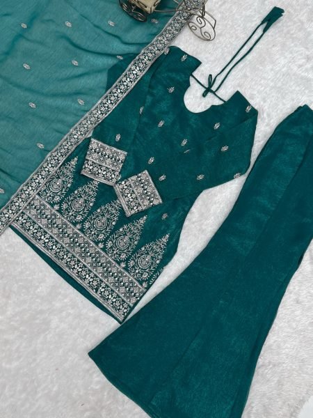 Exquisite Teal Green Fully Stitched Crunchy Silk Kurta Pant Dupatta Set for Women Ready To Wear Collection
