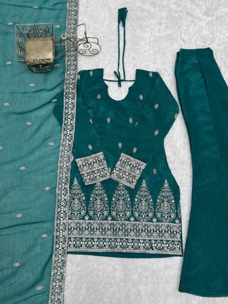 Exquisite Teal Green Fully Stitched Crunchy Silk Kurta Pant Dupatta Set for Women Ready To Wear Collection