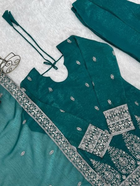 Exquisite Teal Green Fully Stitched Crunchy Silk Kurta Pant Dupatta Set for Women Ready To Wear Collection