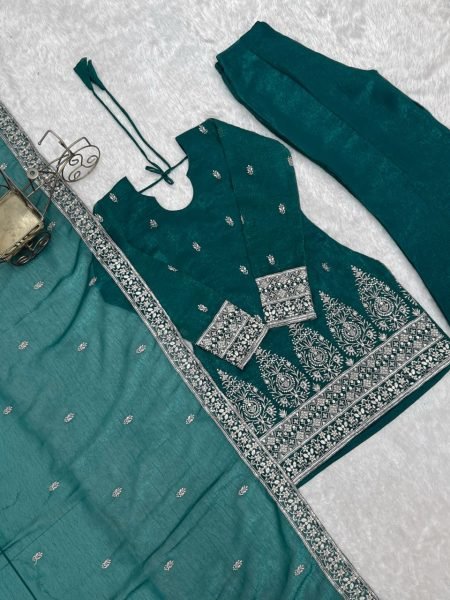 Exquisite Teal Green Fully Stitched Crunchy Silk Kurta Pant Dupatta Set for Women Ready To Wear Collection