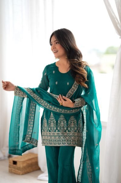 Exquisite Teal Green Fully Stitched Crunchy Silk Kurta Pant Dupatta Set for Women Ready To Wear Collection