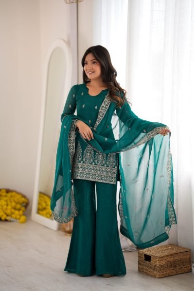 Exquisite Teal Green Fully Stitched Crunchy Silk Kurta Pant Dupatta Set for Women Ready To Wear Collection
