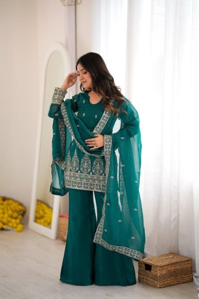 Exquisite Teal Green Fully Stitched Crunchy Silk Kurta Pant Dupatta Set for Women Ready To Wear Collection