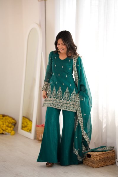 Exquisite Teal Green Fully Stitched Crunchy Silk Kurta Pant Dupatta Set for Women Ready To Wear Collection