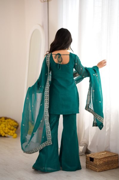 Exquisite Teal Green Fully Stitched Crunchy Silk Kurta Pant Dupatta Set for Women Ready To Wear Collection