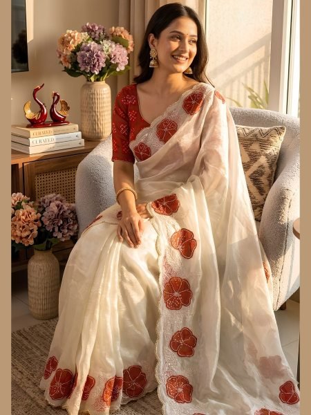 Exquisite White Designer Space Silk Saree with Heavy Applique Embroidery For Festival 