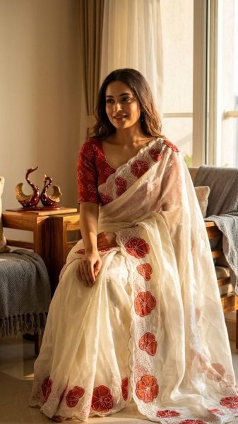 Exquisite White Designer Space Silk Saree with Heavy Applique Embroidery For Festival Silk Sarees Wholesale