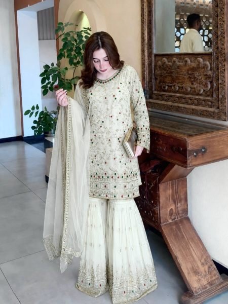 Exquisite White Kundan Organza Silk Top Sharara Dupatta Set with Heavy Embroidery 