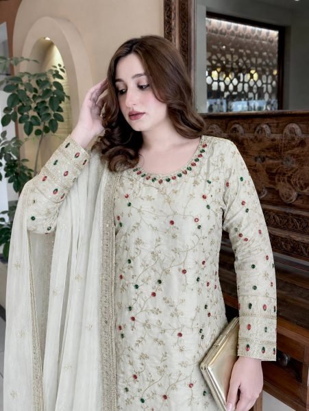 Exquisite White Kundan Organza Silk Top Sharara Dupatta Set with Heavy Embroidery Ready To Wear Collection