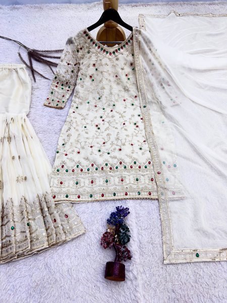 Exquisite White Kundan Organza Silk Top Sharara Dupatta Set with Heavy Embroidery Ready To Wear Collection