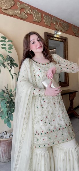 Exquisite White Kundan Organza Silk Top Sharara Dupatta Set with Heavy Embroidery Ready To Wear Collection