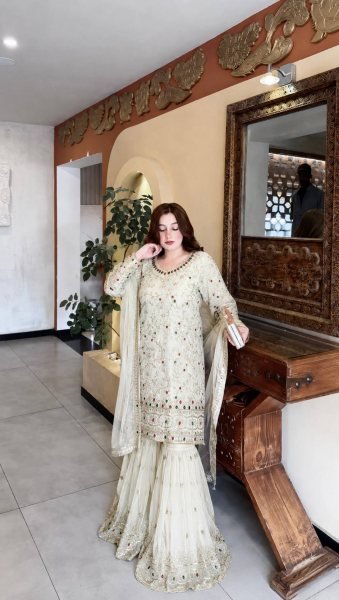 Exquisite White Kundan Organza Silk Top Sharara Dupatta Set with Heavy Embroidery Ready To Wear Collection