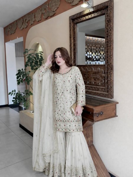 Exquisite White Kundan Organza Silk Top Sharara Dupatta Set with Heavy Embroidery Ready To Wear Collection