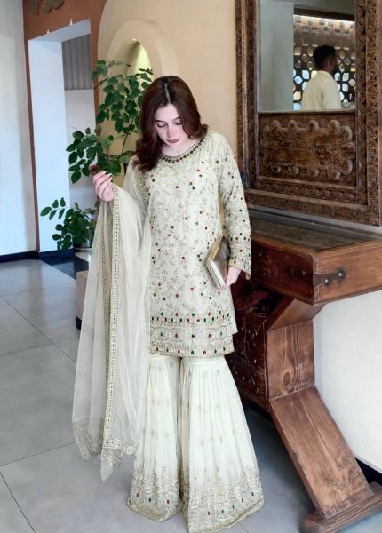 Exquisite White Kundan Organza Silk Top Sharara Dupatta Set with Heavy Embroidery Ready To Wear Collection