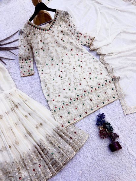 Exquisite White Kundan Organza Silk Top Sharara Dupatta Set with Heavy Embroidery Ready To Wear Collection
