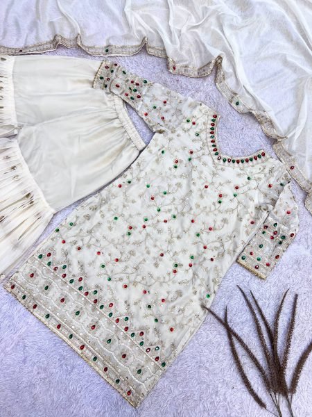 Exquisite White Kundan Organza Silk Top Sharara Dupatta Set with Heavy Embroidery Ready To Wear Collection