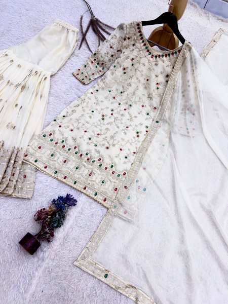 Exquisite White Kundan Organza Silk Top Sharara Dupatta Set with Heavy Embroidery Ready To Wear Collection