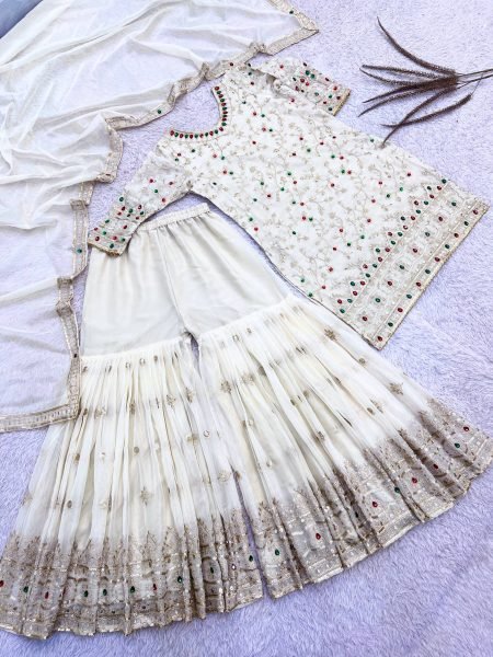 Exquisite White Kundan Organza Silk Top Sharara Dupatta Set with Heavy Embroidery Ready To Wear Collection
