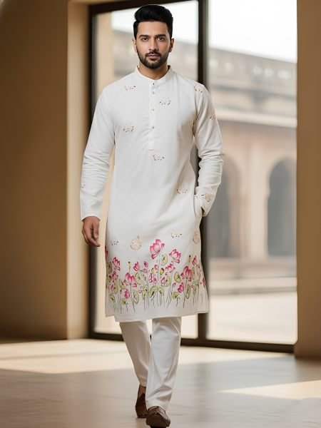 Exquisite White Men s Traditional Kurta Pajama Set with Crochet and Digital Print Mens Wear