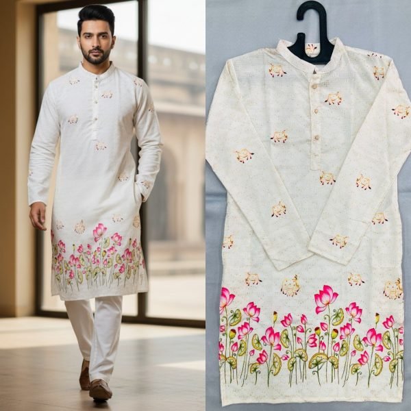 Exquisite White Men s Traditional Kurta Pajama Set with Crochet and Digital Print Kurta Pajama Wholesale